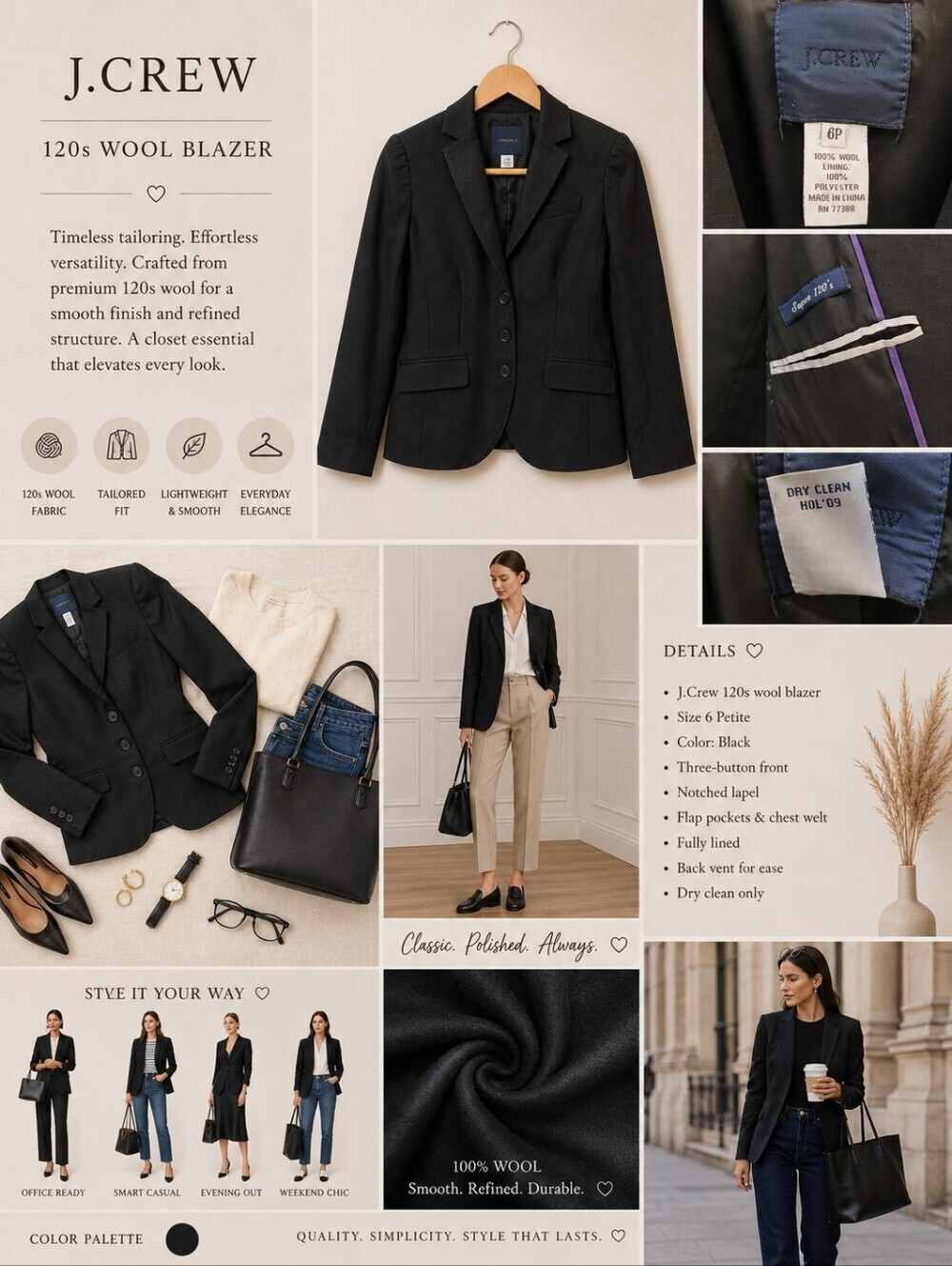 J.Crew Preppy Super 120's Wool Black Blazer - 6P